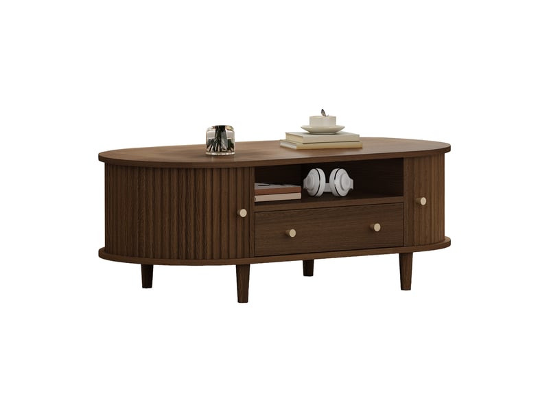  Table basse ovale 100x50x36 cm finition noyer, 1 tiroir, niche ouverte et porte tambour Fay Lum - Conforama A