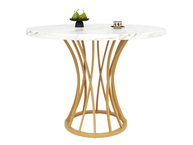  Table ronde 80x80x76cm, pour salon, style géométrique, plateau aspect marbre (non marbre) en mdf, pieds dorés, teinte or  - Conforama A