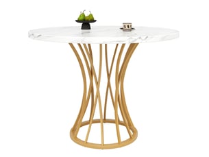 Table ronde 80x80x76cm, pour salon, style géométrique, plateau aspect marbre (non marbre) en mdf, pieds dorés, teinte or