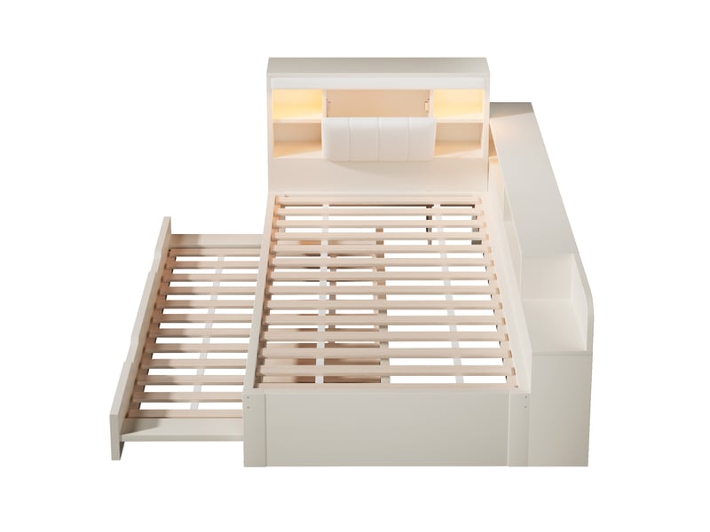 Lit banquette 90x200 cm blanc avec lit gigogne 90x190, liseuses, usbtype-c et rangements intégrés Fay Lum - Conforama D
