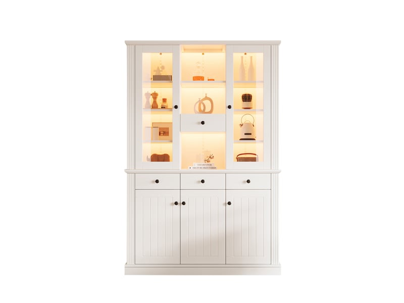  Vitrine haute 119,5x40x180 cm en mdf et verre trempé, led multicolore via app, 4 tiroirs, 5 portes et 21 rangements - blanc  - Conforama A