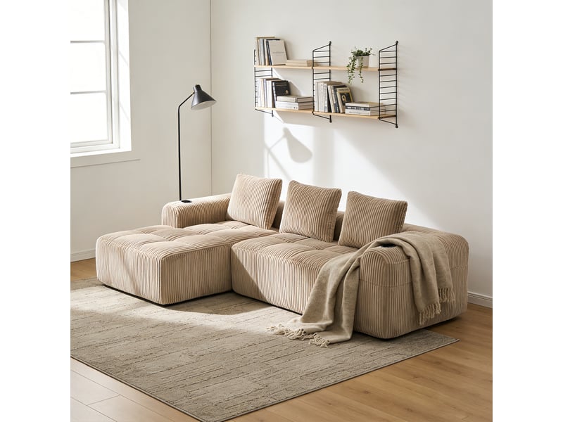 Canapé modulable, 3 places, avec accoudoirs, revêtement en velours côtelé, , sans assemblage, kaki  - Conforama B
