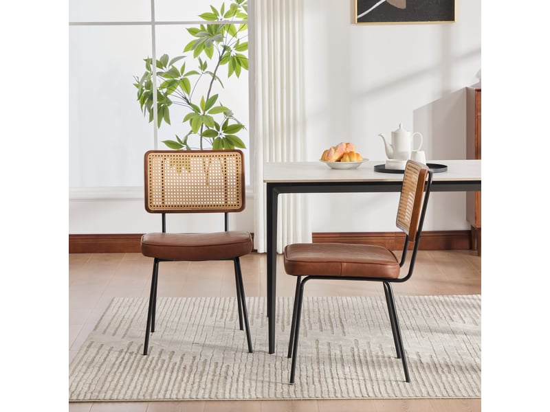  Lot de 2 chaises de salle à manger en cuir pu style vintage, chaises sans accoudoirs avec dossier aspect rotin, marron  - Conforama D