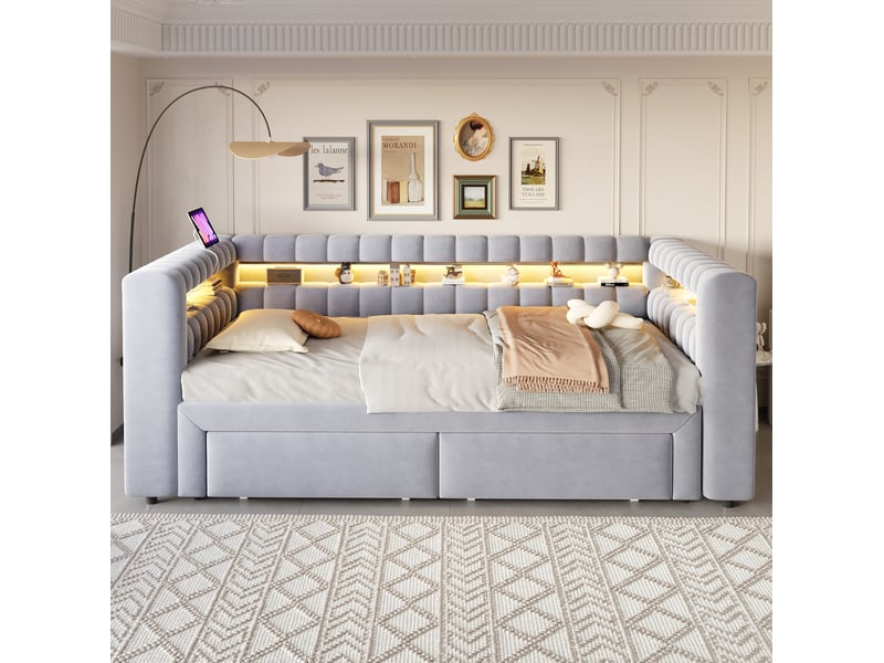  Lit gigogne 90x190 cm avec tiroirs, led, mdf gris clair sans matelas  - Conforama C