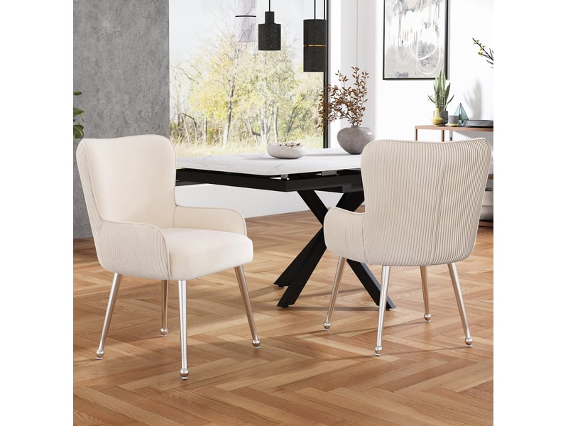  Lot de 6 chaises salle à manger 57x53x83 cm en velours beige, pieds métal argenté, doté d'accoudoirs  - Conforama D