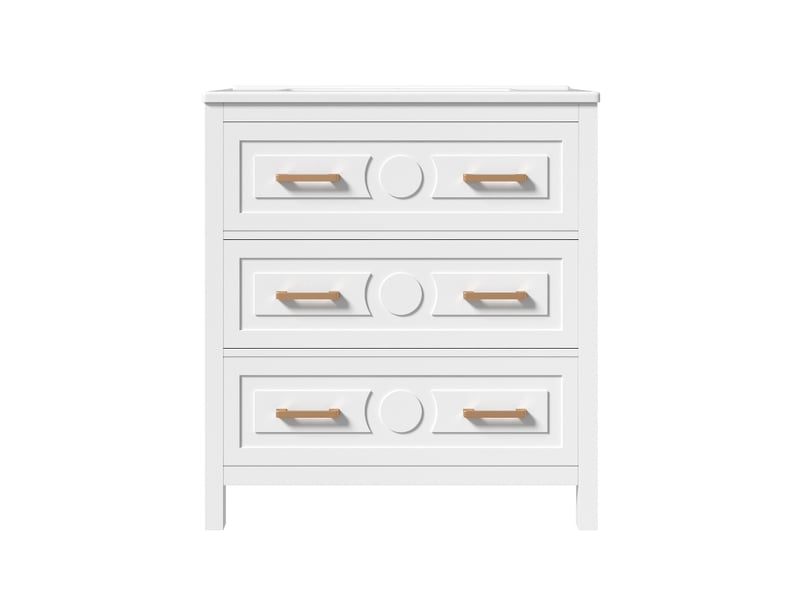 Meuble salle de bain sur pied 76,5cm avec vasque en céramique intégrée, meuble laqué blanc 3 tiroirs - Conforama A