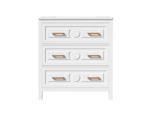 Meuble salle de bain sur pied 76,5cm avec vasque en céramique intégrée, meuble laqué blanc 3 tiroirs