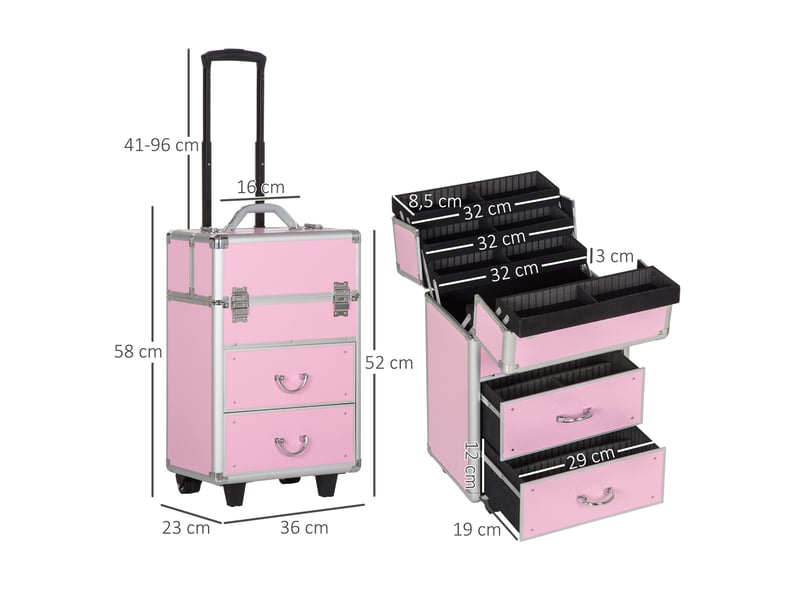  Valise trolley maquillage mallette cosmétique vanity poignée télescopique réglable 36l x 23l x 58h cm alu abs rose  - Conforama E
