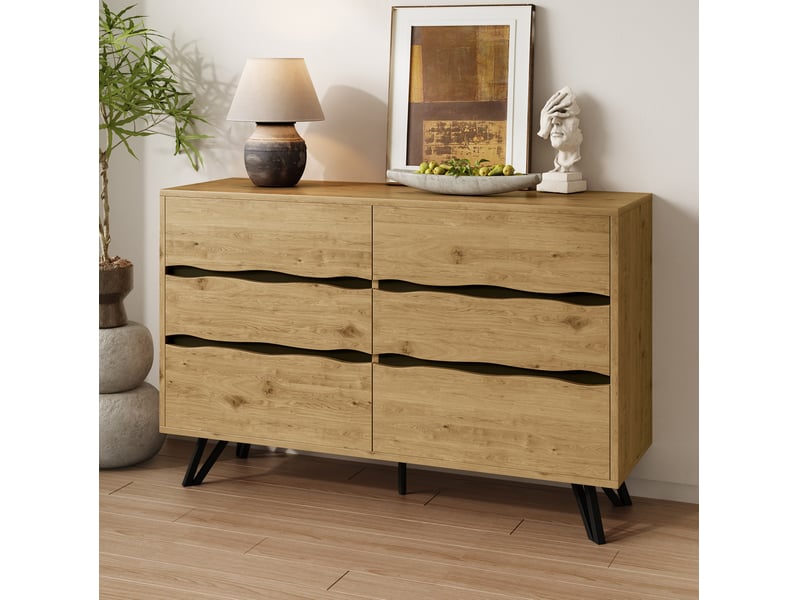  Buffet bas à 6 tiroirs en bois, pieds en métal noir, 120 x 40 x 75,5 cm  - Conforama C