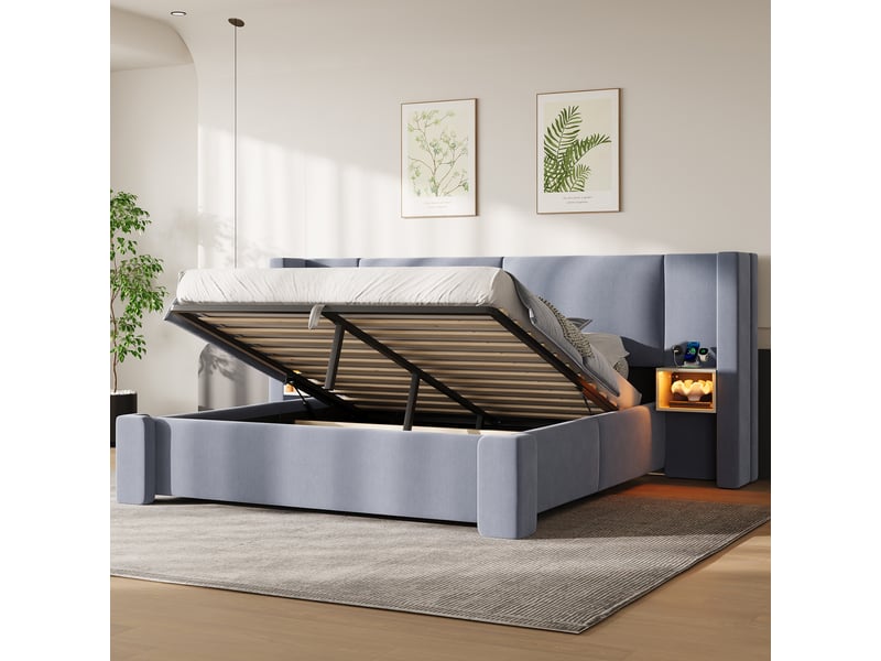  Lit capitonné 140x200 cm en lin, éclairage led, coffre de rangement, mécanisme hydraulique, coloris gris  - Conforama C