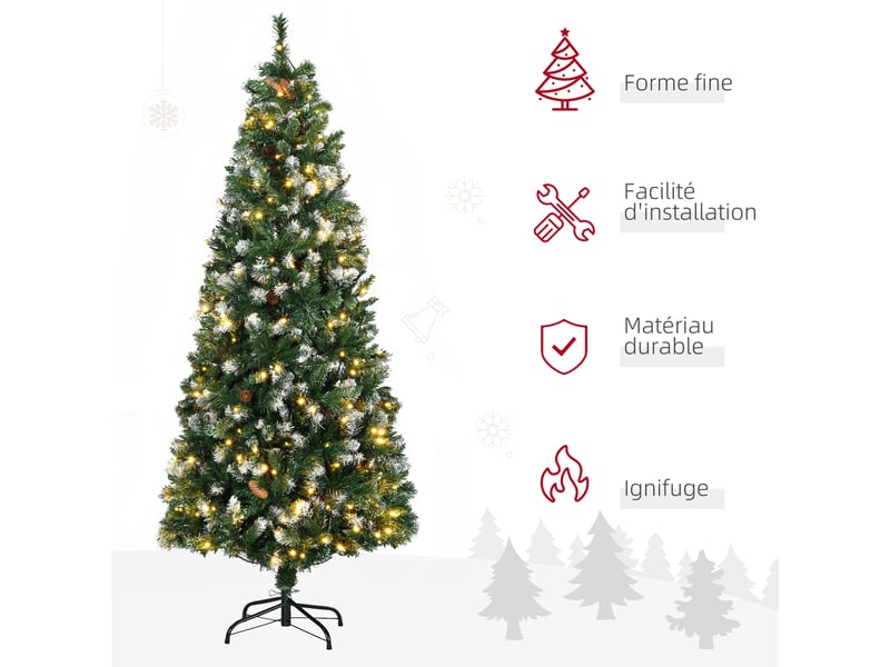  Sapin de noël artificiel lumineux 703 branches 250 led 30 pommes de pin support pied pliable hauteur 180 cm ø 80 vert  - Conforama D