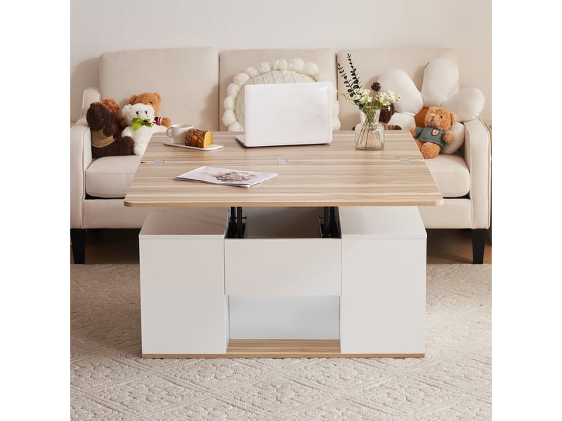  Table basse relevable blanche et bois, table de salon multifonction avec plateau extensible 2 en 1 et rangements, 100x51x47 cm  - Conforama B