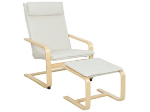 Fauteuil avec repose-pieds, fauteuil de lecture à dossier haut, appui-tête amovible, pieds en bois et revêtement en lin crème