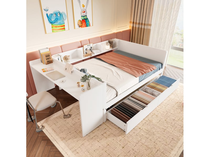  Lit double 140x200 cm avec bureau, 2 tiroirs et 3 rangements, pin et panneaux de particules, blanc  - Conforama B
