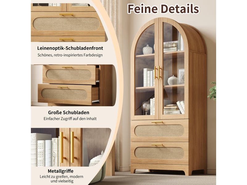  Lot de 2 vitrines chêne 80x40x175 cm chacune en mdf, 2 tiroirs chacune, portes vitrées et tablettes réglables  - Conforama D