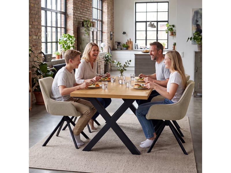  Ensemble table et 4 chaises - table rectangulaire 160x80 cm monobloc en chêne sauvage et pieds métal, 4 chaises en tissu greige et pieds métal  - Conforama W