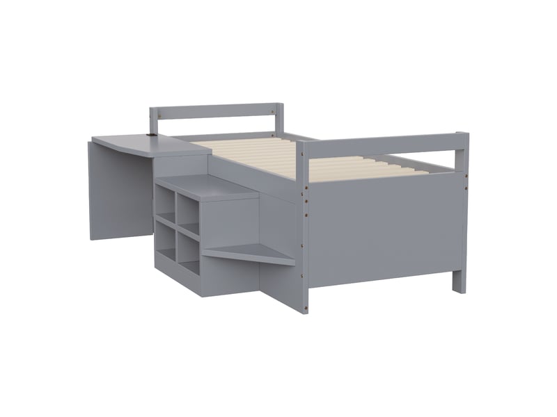  Lit enfant avec bureau et rangements, bois gris, 90x200 cm, prises européennes intégrées  - Conforama E