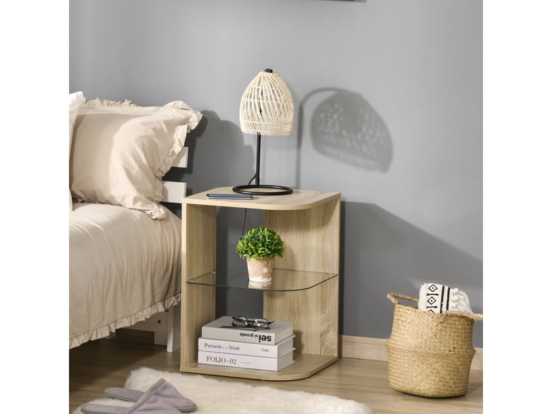  Table d'appoint guéridon design contemporain bout de canapé étagère verre trempé bois naturel  - Conforama D