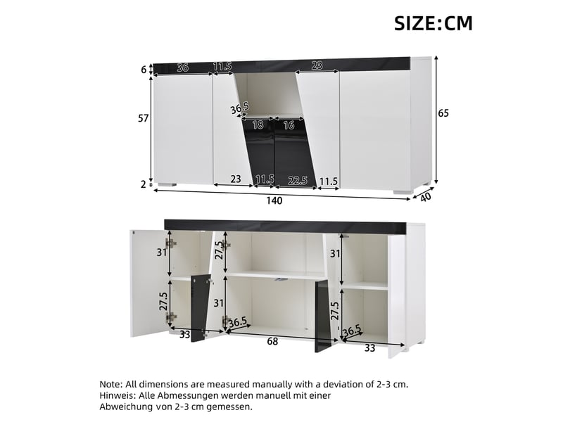 Ensemble meuble tv et buffet noir et blanc, meuble tv mural led 180 cm et buffet 4 portes 140 cm, façades brillantes - Conforama C