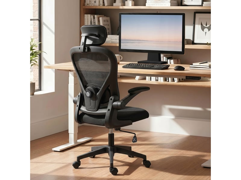  Chaise de bureau ergonomique avec accoudoirs relevables et soutien lombaire réglable, noire  - Conforama C