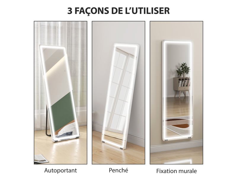  Miroir sur pied avec led 150 x 50 cm, 3 couleurs, dimmable, fonction de mémoire, verre trempé 4 mm, transparent  - Conforama R