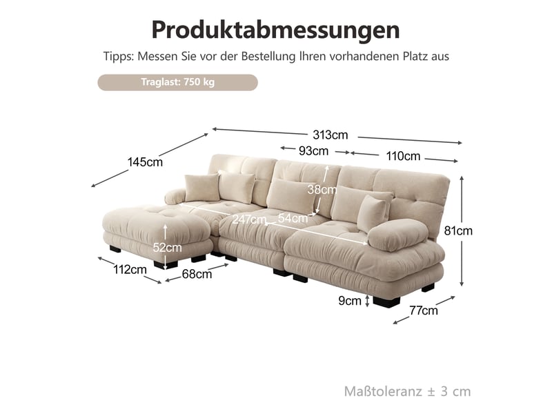  Canapé nuage d'angle modulable 3 places 313x145x81 cm avec pouf mobile, assise profonde, accoudoirs arrondis, chenille light coffee Radiant Stride - Conforama C