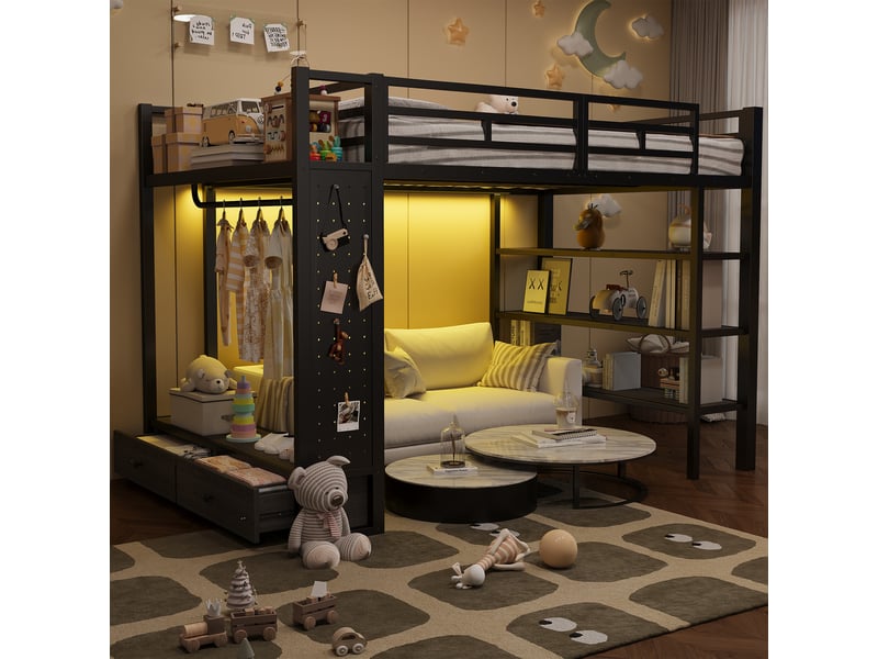 Lit mezzanine 140 × 200 cm 2 places avec armoire ouverte, étagères, panneau perforé et led, sans matelas - Conforama B