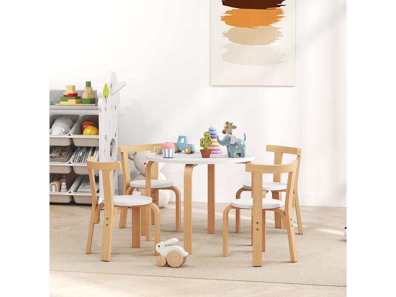  Ensemble table et chaises en bois 5 pièces pour enfants de 3 à 8 ans, blanc, bords arrondis  - Conforama C