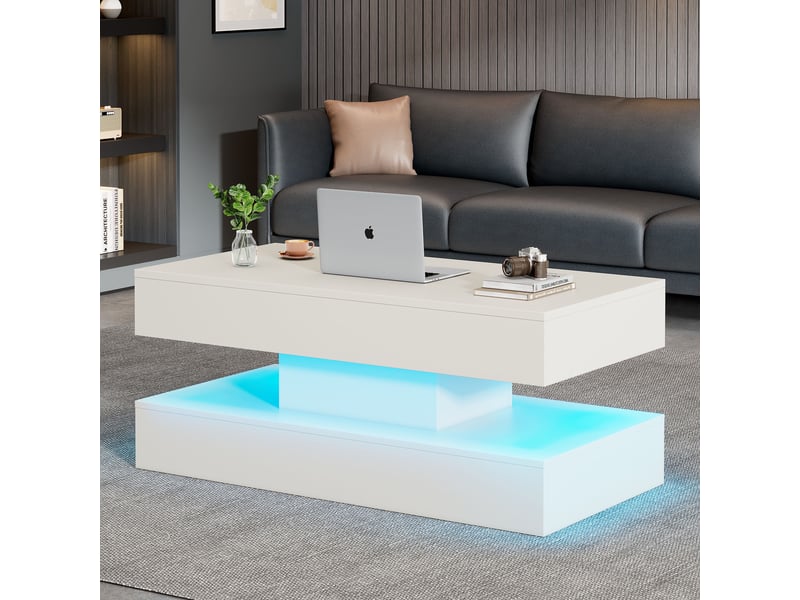  Table basse relevable rectangulaire en panneaux de particules avec lumière led,rangement caché et prises européennes intégrées,blanc table basse blanc - Conforama D