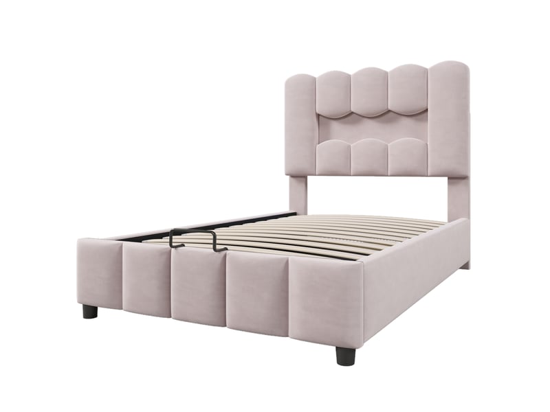Lit rembourré rose 90x200 cm en velours avec led, rangement hydraulique, tête réglable - Conforama D