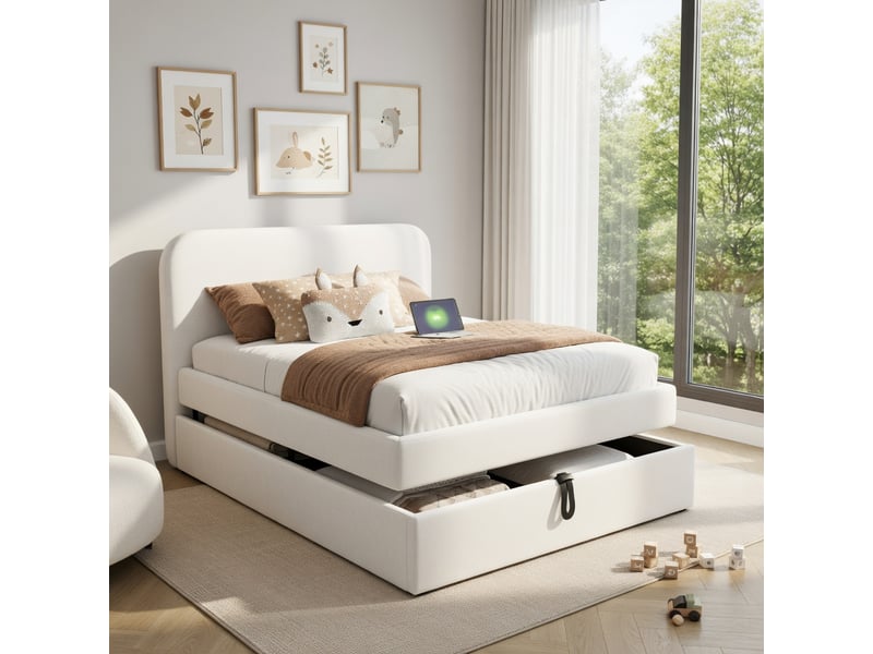 Lit d'enfant 90 × 200 cm, avec éclairage led, rangements intégrés, prises électriques intégrées, revêtement en velours,rose - Conforama D