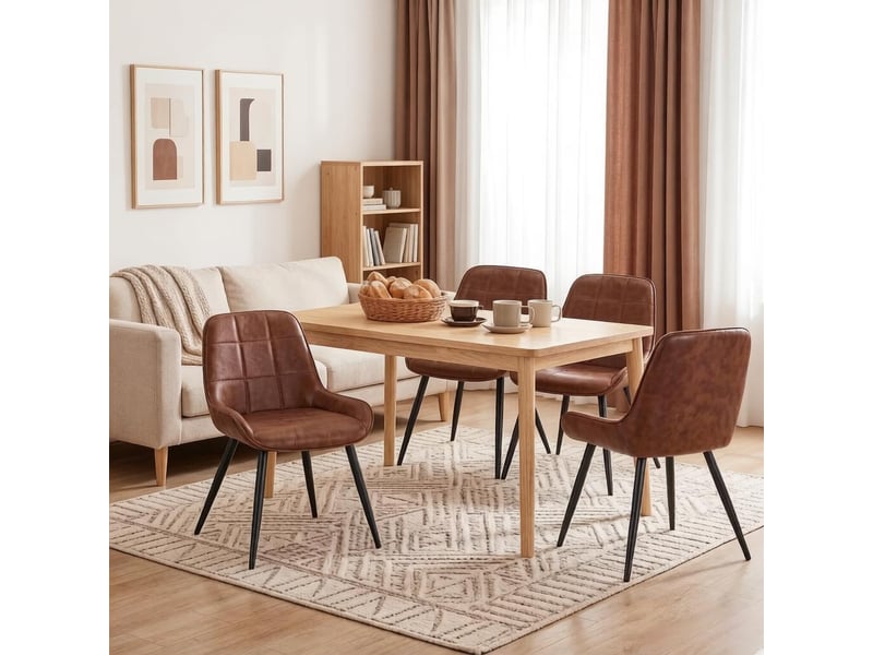 Chaises de salle à manger lot de 4 avec dossier courbé  - assise rembourrée simili cuir marron  - Conforama C
