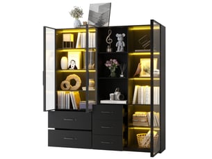 Vitrine led 140x40x160 cm, armoire vitrine modulable avec 2 éléments et 5 tiroirs, panneaux de particules, pour salon