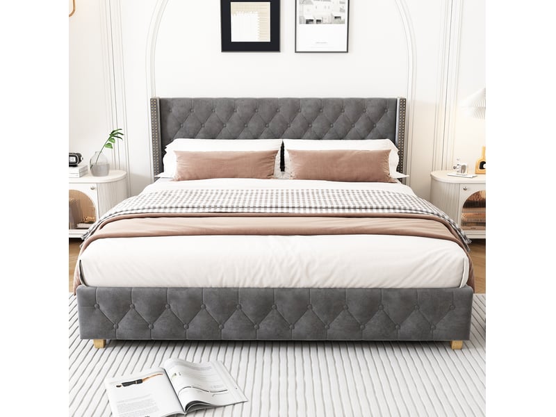  Lit 2 places 160 x 200 cm en velours gris avec sommier à lattes et tête de lit capitonnée  - Conforama D