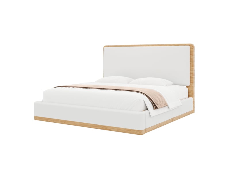 Lit double rembourré 180x200 cm avec tête de lit matelassée, sommier à lattes, revêtement teddy et pu, structure mdf, blanc et naturel - Conforama A