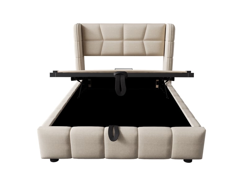 Lit enfant rembourré 90 × 200 cm, beige, cadre en lin, sommier à lattes, rangement pneumatique - Conforama A