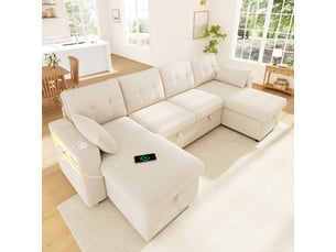 Canapé d'angle panoramique convertible <strong></strong> <strong></strong> 4 places Polyester beige avec coffre de rangement