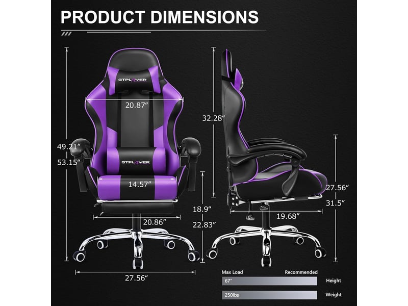  Gtplayer chaise de jeu ergonomique avec repose-pieds, réglable en hauteur - similicuir violet GT800A-PP - Conforama C