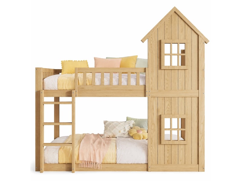  Lit superposé enfant 90x200 cm forme maison, escalier 3 marches, naturel  - Conforama A