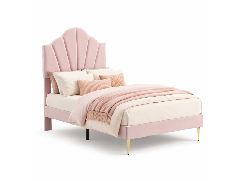  Lit rembourré 90x200 cm en velours, lit simple avec tête réglable et pieds en fer doré, sans matelas, rose  - Conforama A