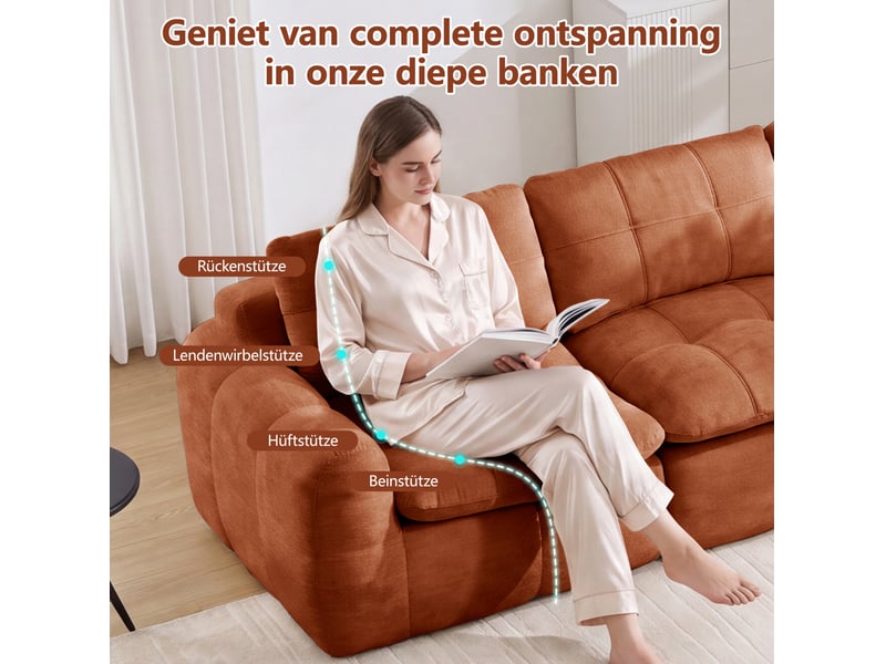  Canapé modulaire sans cadre 4 places, assise profonde et modules reconfigurables en chenille orange, 334 × 97 × 68 cm  - Conforama E