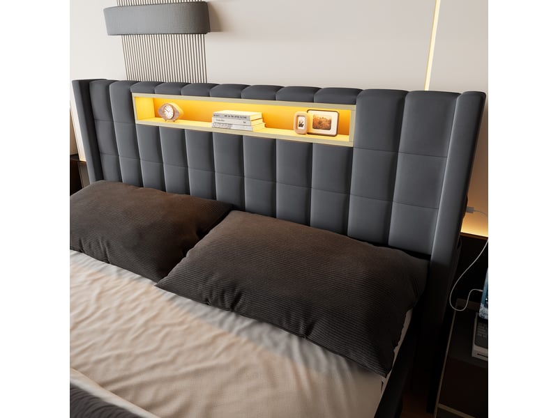  Lit coffre 140x200 cm, lit adute rembourré avec led et rangement, gris, sans matelas  - Conforama R