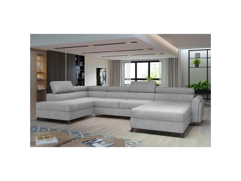 Canapé panoramique gris clair 5 places angle gauche têtières réglables clotis - Conforama A