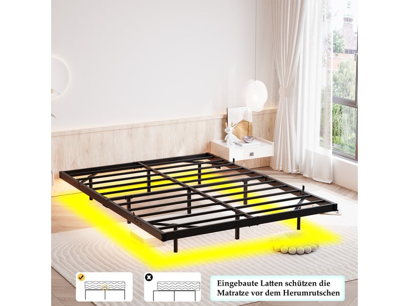  Cadre de lit, lit double 140x190 cm, led, station de recharge, métal noir, sommier à lattes  - Conforama R
