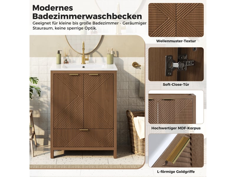  Meublede salle de bain 61 cm avec vasque céramique,61 x 47 x 87 cm,noyer,panneau mdf,porte double et tiroir à fermeture amortie  - Conforama E