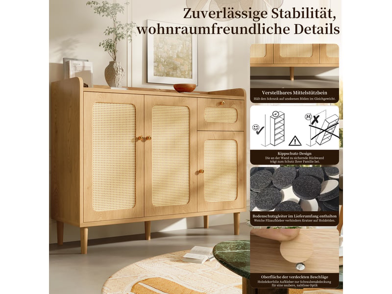  Buffet 3 portes 1 tiroir 120x40x91 cm - façades en cannage rotin, fermeture soft-close - effet chêne  - Conforama D