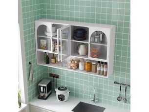 Armoire murale 120 cm, 4 portes, rangement vertical, design minimaliste, en métal blanc et verre gris, pour la cuisine