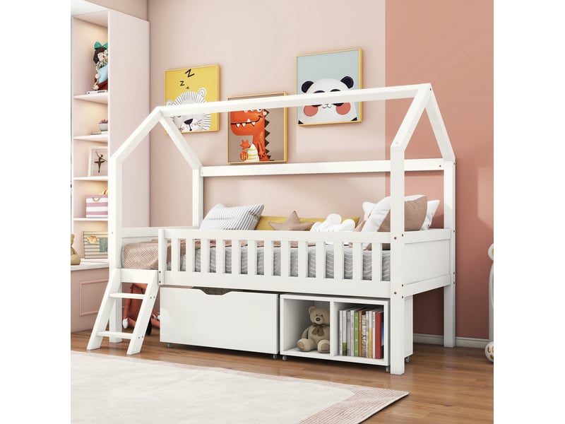  Lit cabane enfant 90x200 cm avec tiroirs, rangements et garde-corps, blanc  - Conforama D