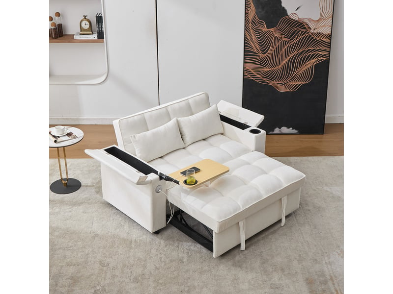  Canapé convertible, canapé-lit – 2 places, port usb, 140,5 x 74 x 82 cm, dossier réglable, porte-gobelets, beige  - Conforama A