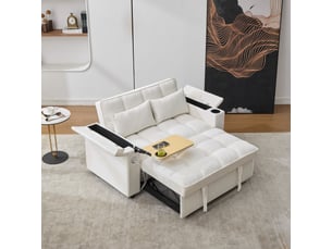 Canapé droit fixe 2 places Coton / Lin beige avec coffre de rangement